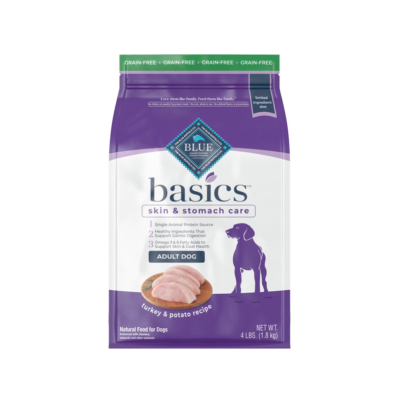 Blue Buffalo Basics Skin & Stomach Care, Grain Free Natural Adult Dry Dog Food, Turkey & Potato 4 lb