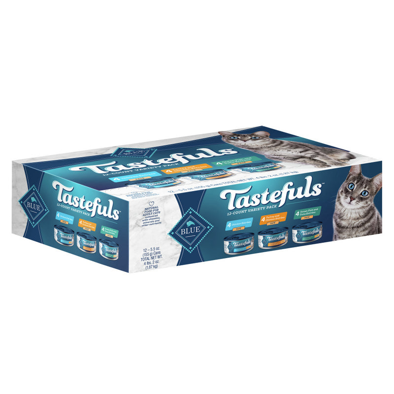 Blue Buffalo Tastefuls Natural Pate Variety Pack Chicken, Turkey, Chicken & Ocean Fish, Tuna Entrees Wet Cat Food - 5.5 oz, case of 12