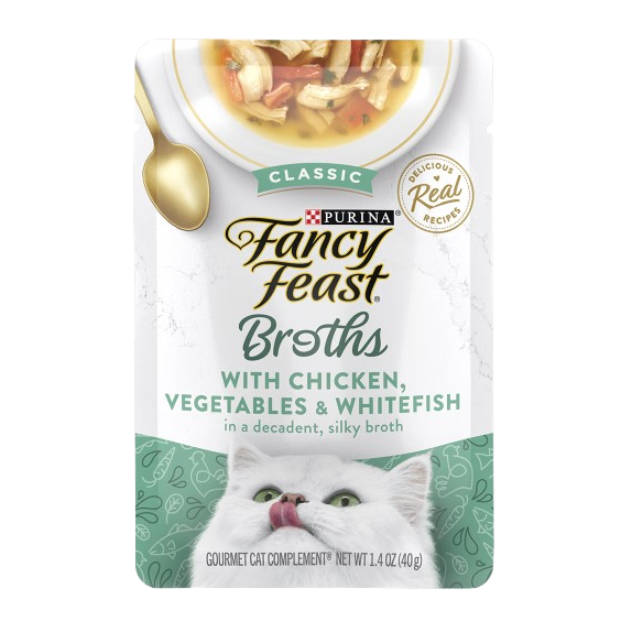 Fancy Feast Broths Classic Chicken, Vegetables & Whitefish Supplemental Cat Food Pouches - 1.4 oz, case of 16