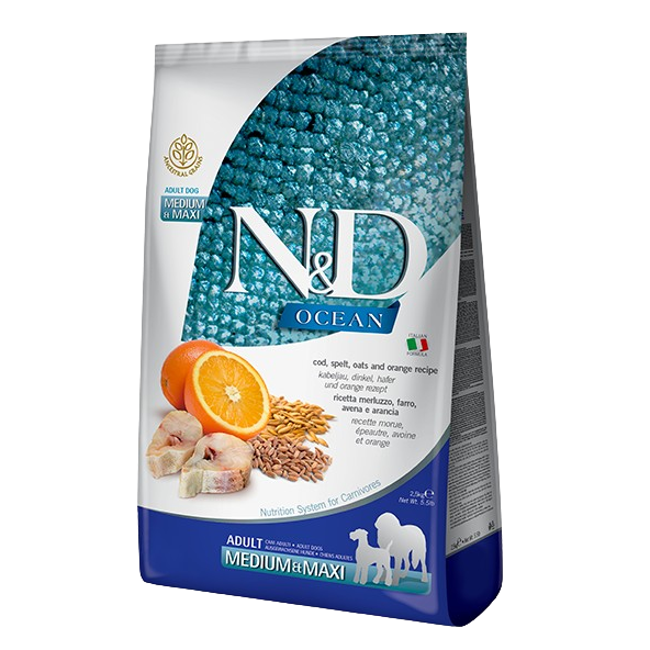 Farmina Ocean N&D Natural & Delicious Medium & Maxi Adult Cod, Spelt, Oats & Orange Dry Dog Food