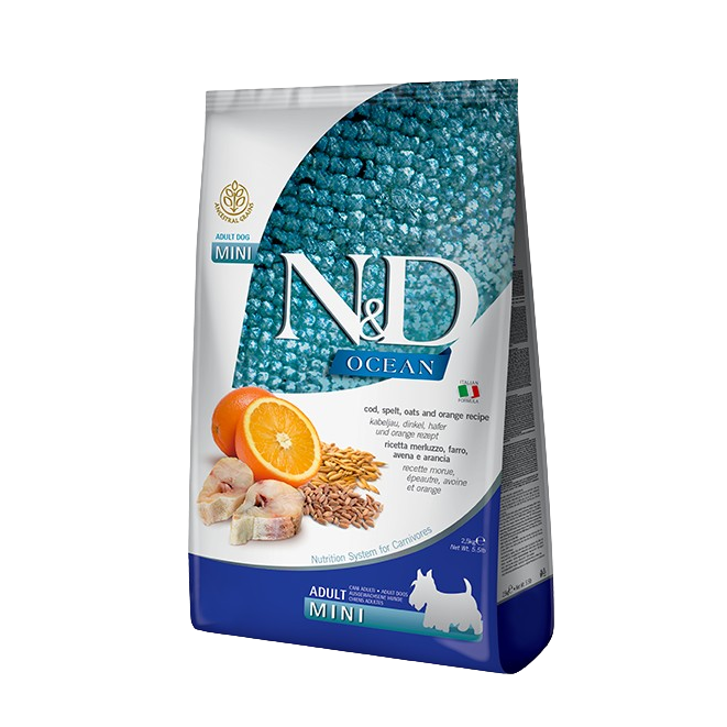 Farmina Ocean N&D Natural & Delicious Ancestral Grain Mini Adult Cod, Spelt, Oats & Orange Dry Dog Food