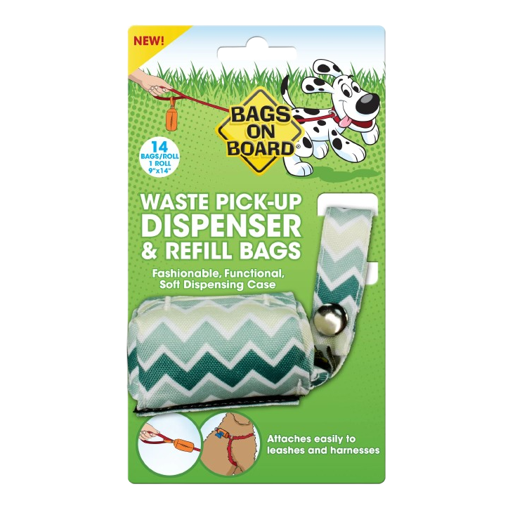 Bags on Board Fashion Waste Pick-up Bag Dispenser Green Chevron Print 14 bags