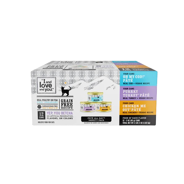 I and Love and You Grain Free Oh My Cod!, Purrkey Turkey, Chicken Me Out Multi-Pack Canned Cat Food